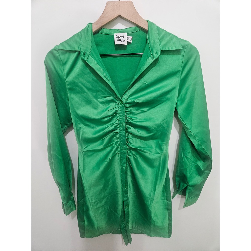 Princess Polly Green Satin Ruched Button Up Mini Dress Long Sleeve Collared Sz 2
